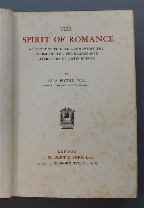 Pound, Ezra - The Spirit of Romance, 8vo, green cloth, spotted throughout, J.M. Dent and Sons, London [1910]